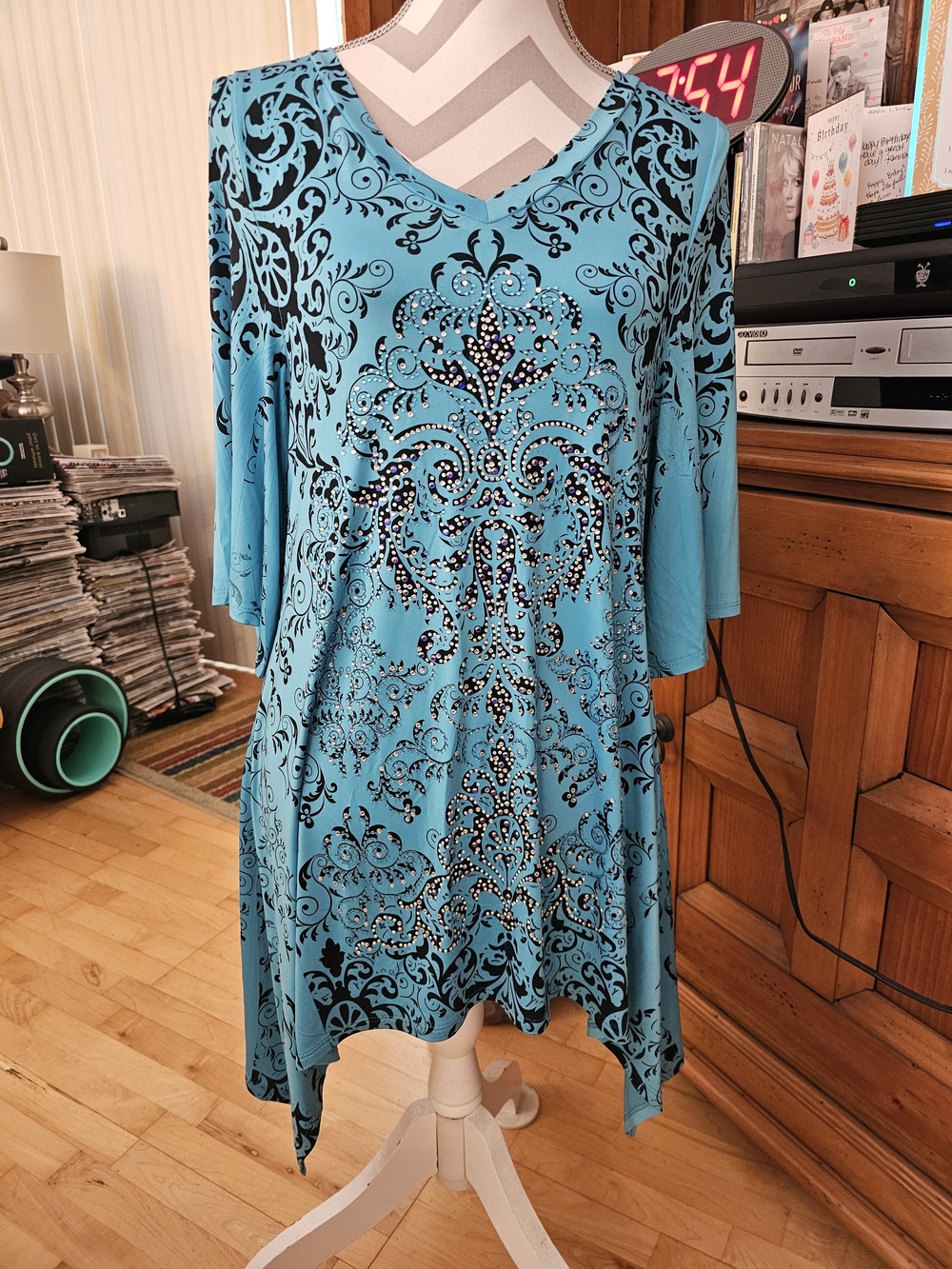 Turquoise V-Neck Embellished Women's Top